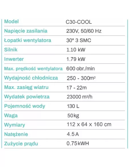 Klimatyzator Ewaporacyjny, schładzacz powietrza WinterCooler C30 - PARAMETRY TECHNICZNE